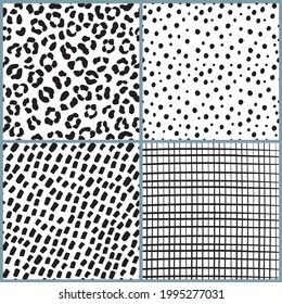 Set of four hand drawn black ink patterns. Endless vector backgrounds of simple primitive scratch textures with dots, stripes, leopard print. Good for web design, scrapbook paper, wrapping, textile.