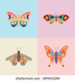 set of four hand drawn butterflies vector illustration design