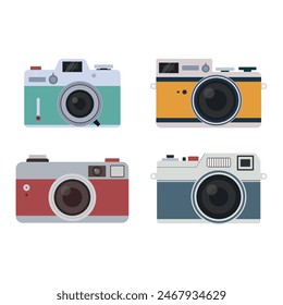 Set of four hand drawn cameras in retro style. Vintage colours. Isolated vector illustration for photography day