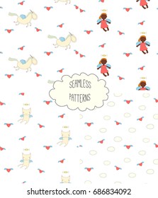 Set of four  hand drawn cute seamless vector patterns with angel girl, winged cat, unicorn, hearts, clouds, on a white background. Design concept for children textile print, wallpaper, wrapping paper