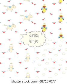 Set of four hand drawn cute seamless vector patterns with angel girl, winged cat, unicorn, hearts, clouds, on a white background. Design concept for children textile print, wallpaper, wrapping paper