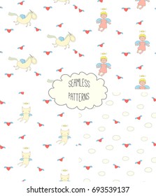 Set of four hand drawn cute seamless vector patterns with angel girl, winged cat, unicorn, hearts, clouds, on a white background. Design concept for children textile print, wallpaper, wrapping paper