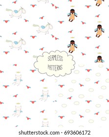 Set of four hand drawn cute seamless vector patterns with angel girl, winged cat, unicorn, hearts, clouds, on a white background. Design concept for children textile print, wallpaper, wrapping paper