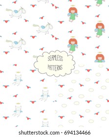 Set of four hand drawn cute seamless vector patterns with angel girl, winged cat, unicorn, hearts, clouds, on a white background. Design concept for children textile print, wallpaper, wrapping paper