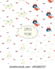 Set of four hand drawn cute seamless vector patterns with angel girl, winged cat, unicorn, hearts, clouds, on a white background. Design concept for children textile print, wallpaper, wrapping paper