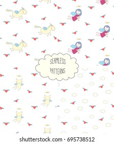Set of four hand drawn cute seamless vector patterns with angel girl, winged cat, unicorn, hearts, clouds, on a white background. Design concept for children textile print, wallpaper, wrapping paper