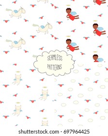 Set of four hand drawn cute seamless vector patterns with angel girl, winged cat, unicorn, hearts, clouds, on a white background. Design concept for children textile print, wallpaper, wrapping paper