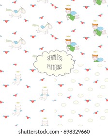 Set of four hand drawn cute seamless vector patterns with angel girl, winged cat, unicorn, hearts, clouds, on a white background. Design concept for children textile print, wallpaper, wrapping paper