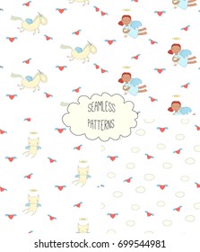 Set of four hand drawn cute seamless vector patterns with angel girl, winged cat, unicorn, hearts, clouds, on a white background. Design concept for children textile print, wallpaper, wrapping paper