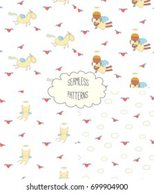 Set of four hand drawn cute seamless vector patterns with angel girl, winged cat, unicorn, hearts, clouds, on a white background. Design concept for children textile print, wallpaper, wrapping paper