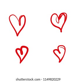 Set of four hand drawn doodle hearts. Red hearts drawn by a free hand. Flat vector template.