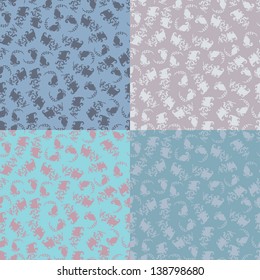 Set of four hand drawn folkloric floral seamless patterns in pastel tones