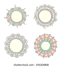 Set of four hand drawn frames. Floral frames. Soft colors. Vector illustration.