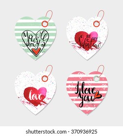 Set of four hand drawn gift tags for wedding or Valentine day. Handwritten lettering. Template for sticker, label, banner, invitation, postcard, card, wrapping, packaging. Vector illustration.
