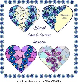 Set of four hand drawn hearts with floral frame. Boho ethnic background with lilac flowers. Stylized stained glass seamless pattern