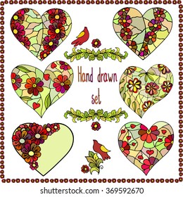 Set of four hand drawn hearts with floral frame. Boho ethnic background with red, yellow and orange flowers. Stylized stained glass pattern. Doodles, zen tangle