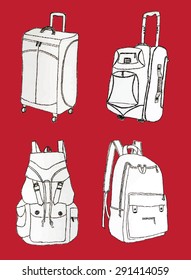 Set of four Hand drawn icons of travel bags. Summer symbols for design and backgrounds. Happy vintage image of summertime. Illustrations of topics of vacation and travel.