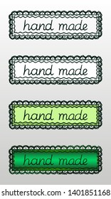 Set of four hand drawn logos or labels with the inscription "hand made" for creative occupation products. Vector illustration in four variations: contour only, white fill, color and gradient