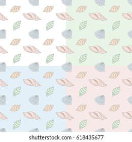Set of four hand drawn marine sea vector seamless pattern with shells on white and pastel backdrops. Texture, background, fabric, wallpaper