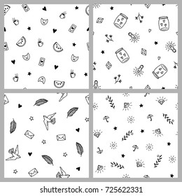 Set of four hand drawn minimalistic patterns, cute pop fashion elements