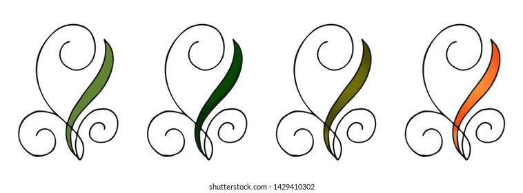 Set of four hand drawn nature pattern with leaves in doodle style in different versions (flat and gradient). Colored isolated vector illustration