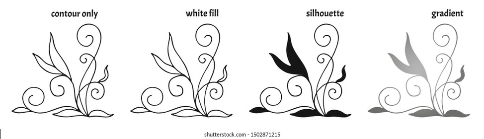 Set of four hand drawn nature pattern with leaves in doodle style in different versions (contour only, white fill, silhouette and gradient). Colored isolated vector illustration