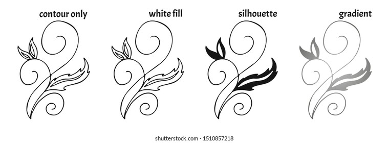 Set of four hand drawn nature pattern with leaves in doodle style in different versions (contour only, white fill, silhouette and gradient). Colored isolated vector illustration