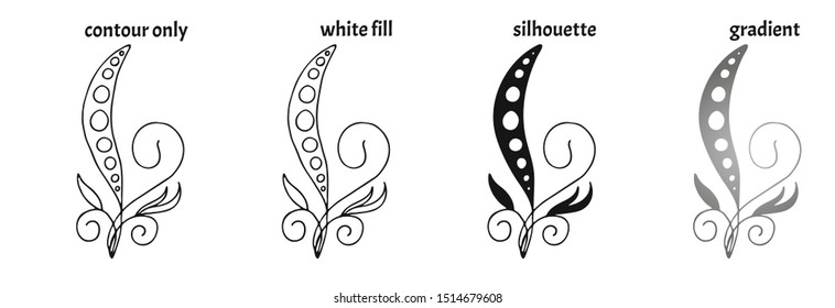 Set of four hand drawn nature branch pattern with leaves and peas in doodle style in different versions: contour only, white fill, silhouette, gradient. Colored isolated vector illustration