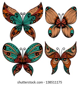 Set of four hand drawn painted butterfly silhouettes over white background