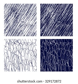 Set of four Hand drawn seamless dark cyan and white simple scratch style patterns for your design