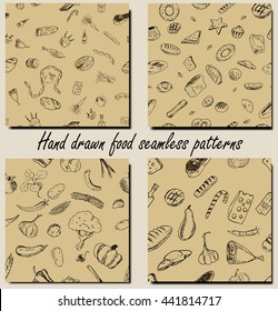 Set of four hand drawn seamless food patterns. With vegetables, meet, and pastries. Can be use for creating different packaging design. Vector