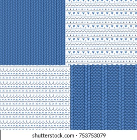 Set of four hand drawn seamless vector patterns with knitted stitches and simple ornaments. Design concept for Christmas, winter, kids textile print, wallpaper, wrapping paper.