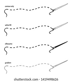 Set of four hand drawn sewing needles with thread in different versions: contour only, white fill, silhouette, gradient. Isolated logo or label vector illustration