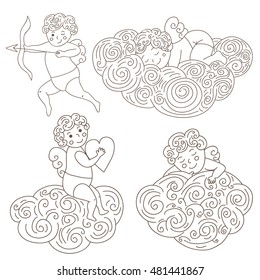 Set of four hand drawn sleeping angels on clouds. Outline angels isolated object. Vector Illustration