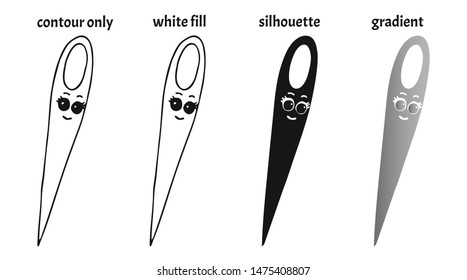 Set of four hand drawn smiling kawaii doodle sewing needles in different versions: contour only, white fill, silhouette, gradient. Isolated logo or label cartoon vector illustration
