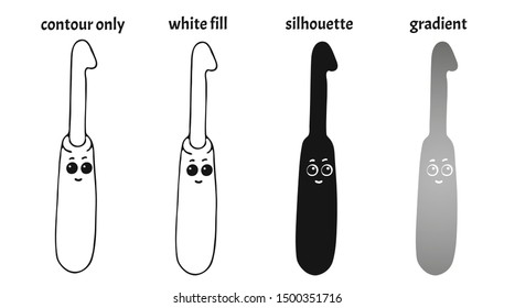 Set of four hand drawn smiling kawaii doodle crochet hooks in different versions: contour only, white fill, silhouette, gradient. Isolated vector illustration in doodle or cartoon style