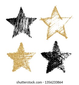 Set of four hand drawn star black and with gold glitter effect. Rough star shape in doodle style with gold glitter effect on white background. Vector illustration