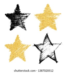 Set of four hand drawn star black and with gold glitter effect. Rough star shape in doodle style with gold glitter effect on white background. Vector illustration