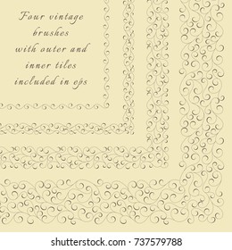 Set of four hand drawn swirl brushes with outer and inner corner tiles and start and end of tiles. Used for frames, borders and design elements. Vector illustration. Brushes are included in eps.