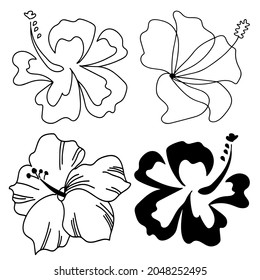 Set of four hand drawn vector flowers of hibiscus, line art, stencil