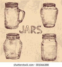 Set of four hand drawn vintage jars with twist cap