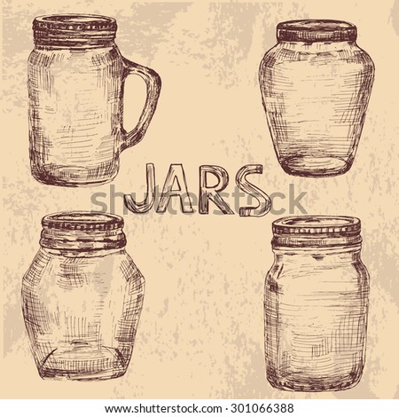 Set of four hand drawn vintage jars with twist cap