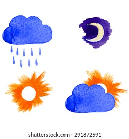 Set of four hand drawn weather icons made in watercolor. Isolated on white. Vector illustration