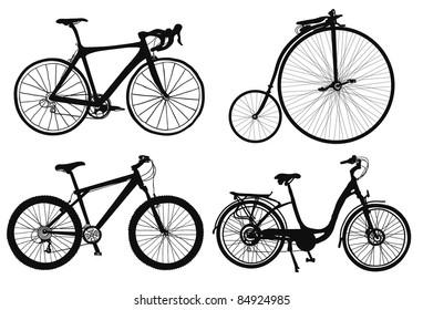 set of four hand drawned bicycles silhouettes.