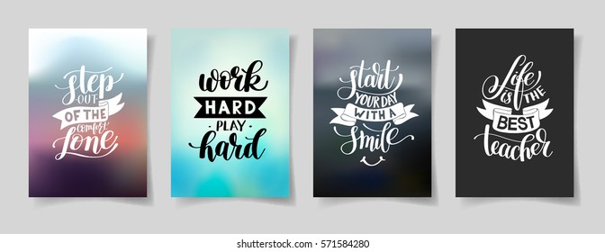 set of four hand written lettering positive inspirational quote posters about life A4 format, modern calligraphy vector illustration collection