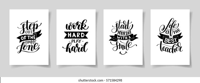 set of four hand written lettering positive inspirational quote posters about life A4 format, modern calligraphy vector illustration collection