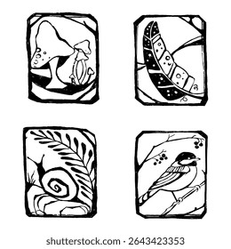 Set of four hand-drawn black and white nature-themed illustrations. Includes stylized mushrooms, caterpillar on a leaf, spiral snail with foliage, and a small bird on a branch. Each element is enclose