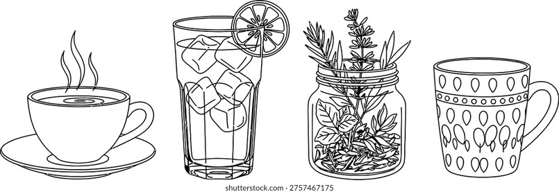 A set of four hand-drawn black and white line art icons depicting a steaming cup of coffee on a saucer, a tall glass of iced lemonade with a citrus slice, a mason jar filled with fresh herbs, and an ornate patterned ceramic mug.