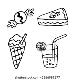 Set of four hand-drawn dessert illustrations: candy, cake slice, ice cream, lemonade glass. Perfect for greeting cards, posters, recipes, and culinary designs. Isolated on a white background. 