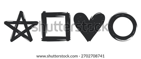 A set of four hand-drawn, distressed black shapes: a star, rectangle, heart, and circle, on a white background.